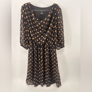 Kate and Lily Ladies Dress Size 14 Brown Polka Dot Sheer Sleeves Blouson